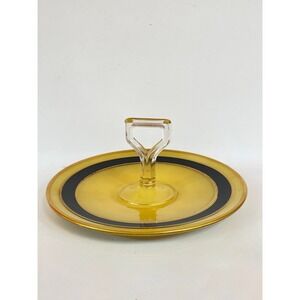 Art Deco Yellow and Black Depression Glass Tidbit Tray Center Handle 10.25in